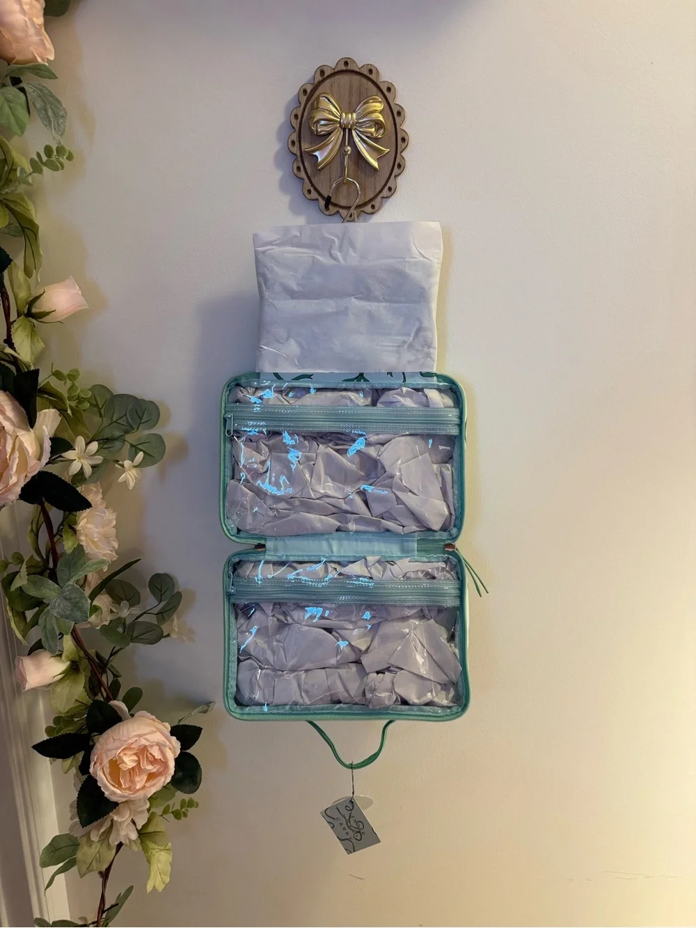 NWT Tender Love + Care Toiletry Weekender Bag in “Green Bows” Pattern
